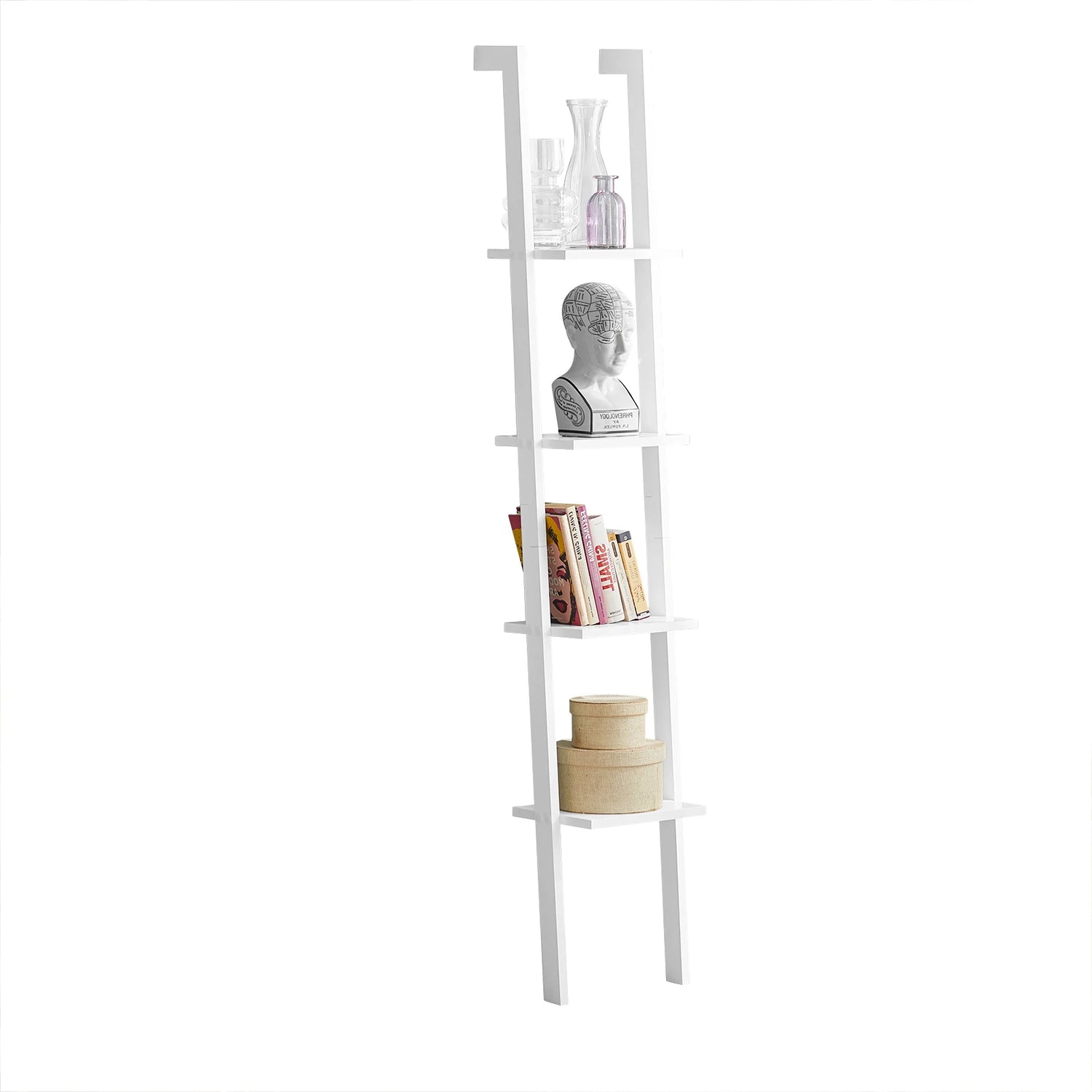 Étagère échelle en MDF blanc avec plantes et livres