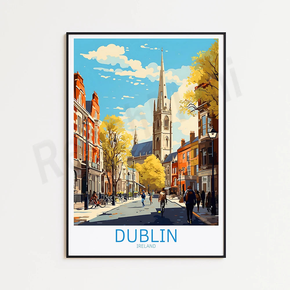 Illustration colorée d'une rue animée de Dublin, avec des bâtiments historiques, une église à clocher et des arbres dorés sous un ciel bleu.
