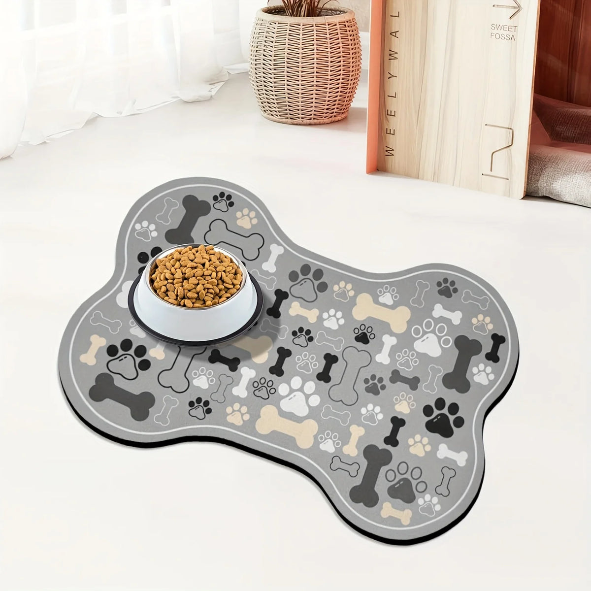 tapis antidérapant chien motifs pattes os moderne gris beige noir