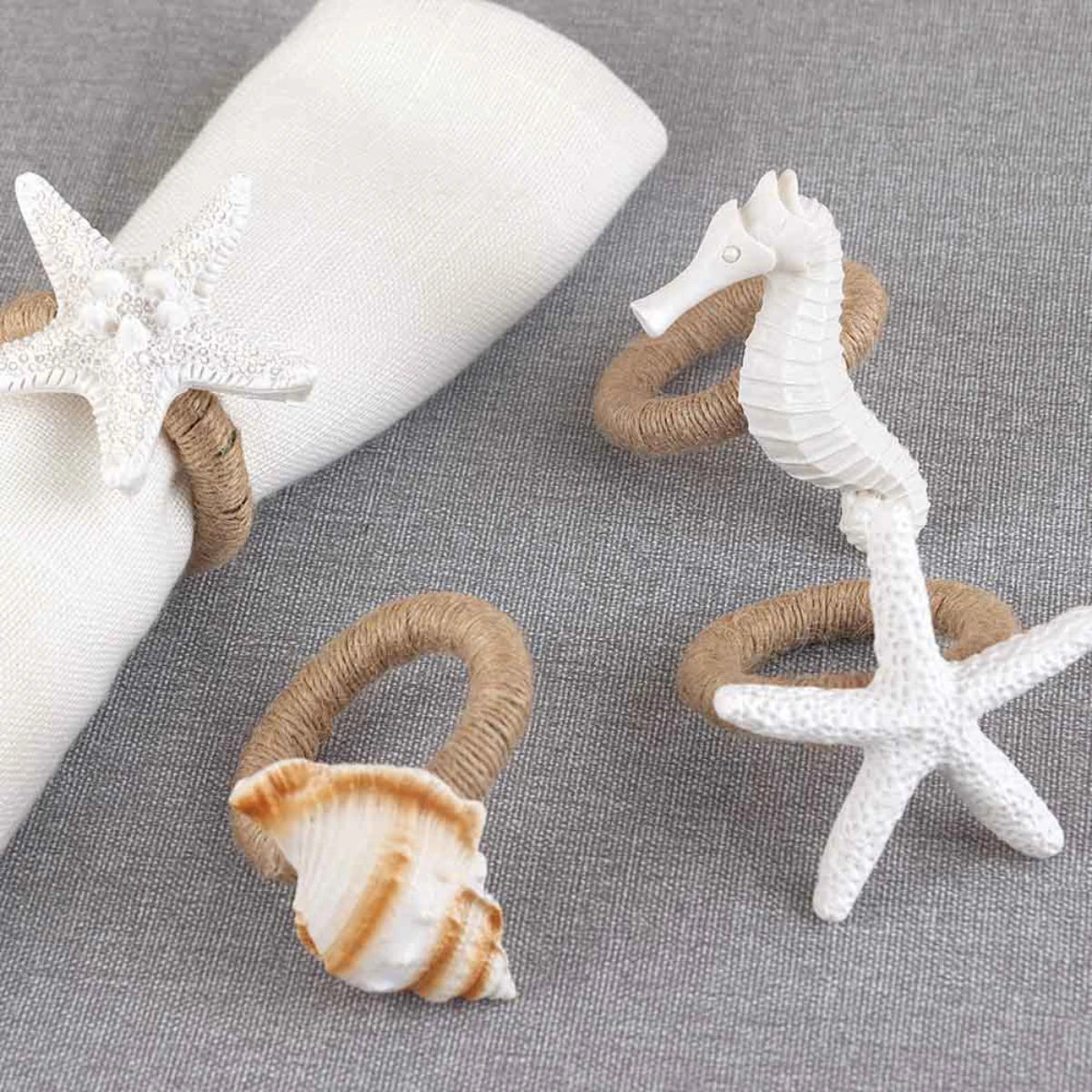 anneaux serviettes décoration étoiles mer hippocampes coquillages plage marine clips blanc beige