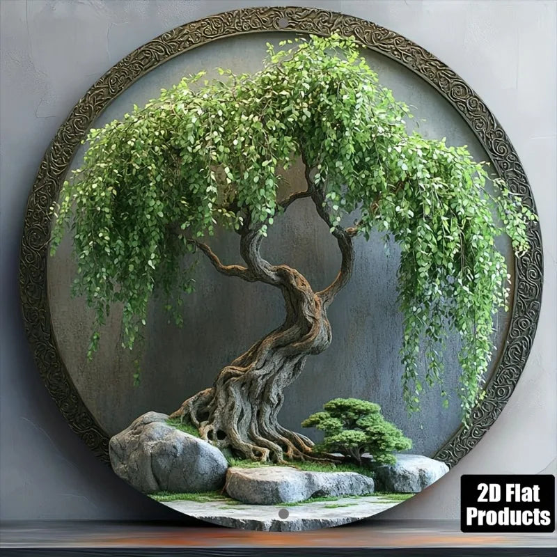 décoration murale plaque 3d arbre racines rochers naturelle artisanale métal vert gris blanc