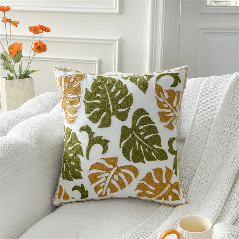 coussin carré 45x45 cm brodé feuille verte moderne décoration printanière