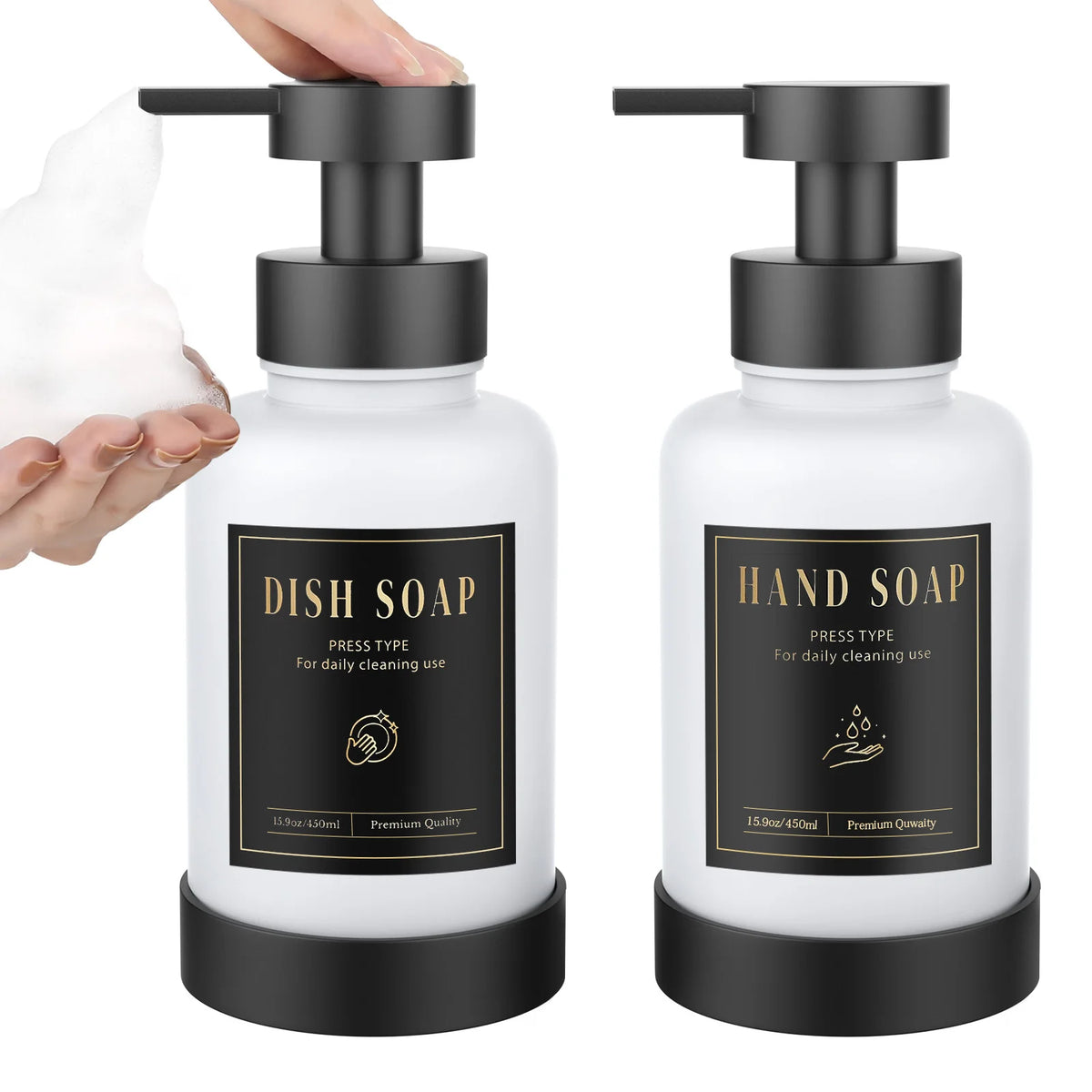 distributeur savon liquide noir bleu clair moderne minimaliste transparent pompe pression étiquette noire texte