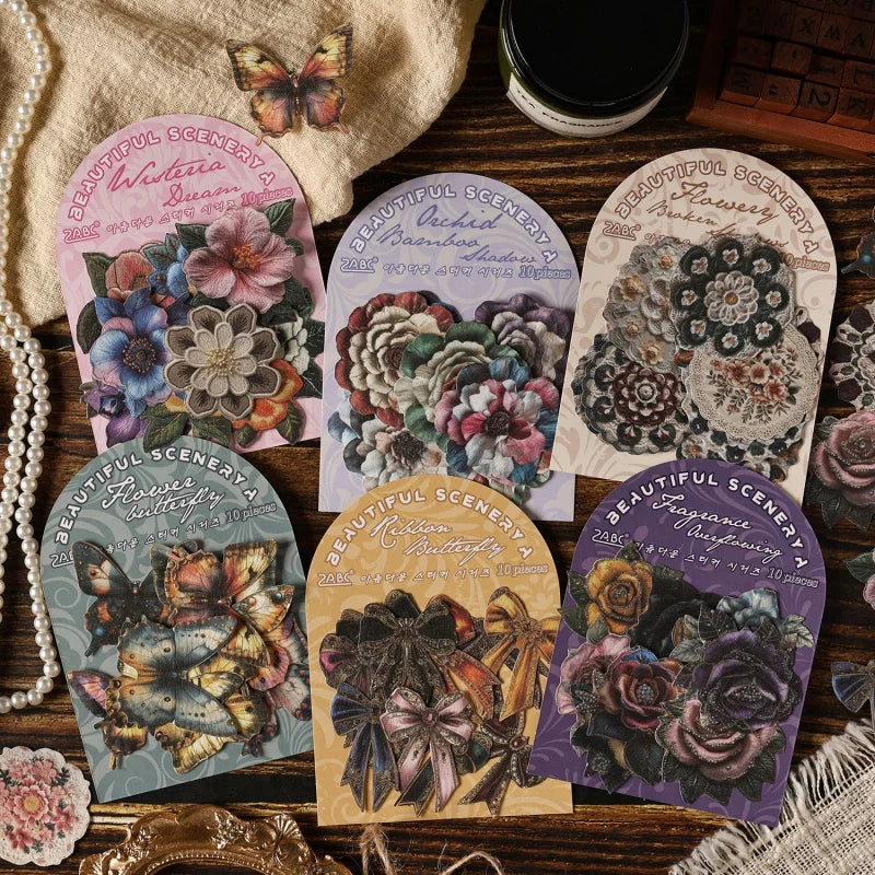 autocollants vintage fleurs papillons dentelle motifs floraux complexes décoratifs bleu rose beige