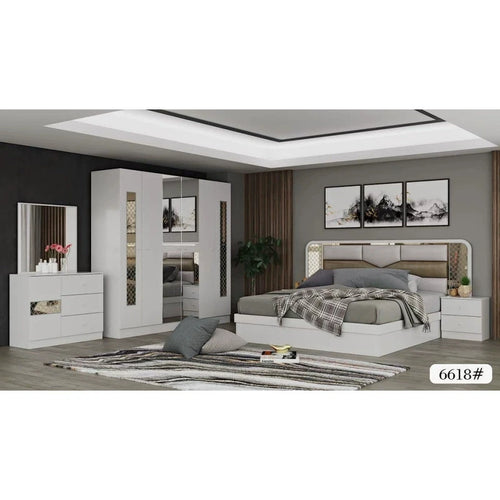 ensemble chambre coucher moderne lit double commode armoire tables nuit miroir tête lit capitonnée