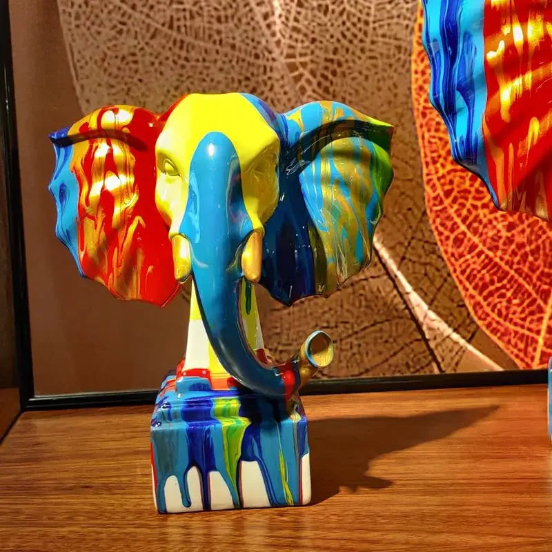 statues éléphants décoratives résine couleurs bleu rouge jaune moderne artistique opaques