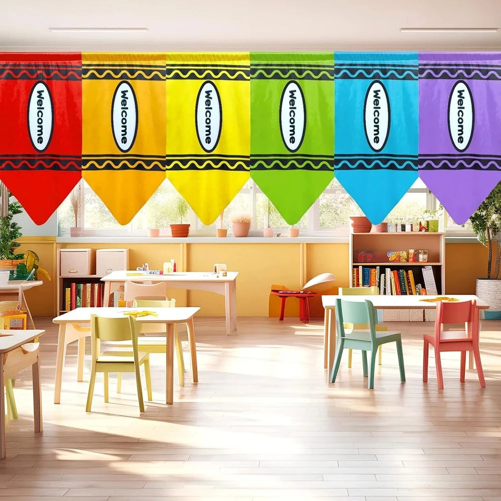 rideaux polyester crayon motif anniversaire retour école moderne enfantin jaune rose blanc