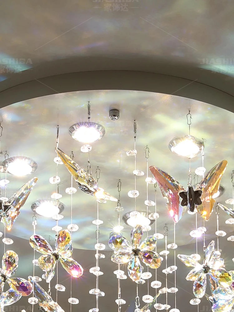 lustre suspendu moderne élégant transparent multicolore fleurs papillons clips métalliques chambre salon