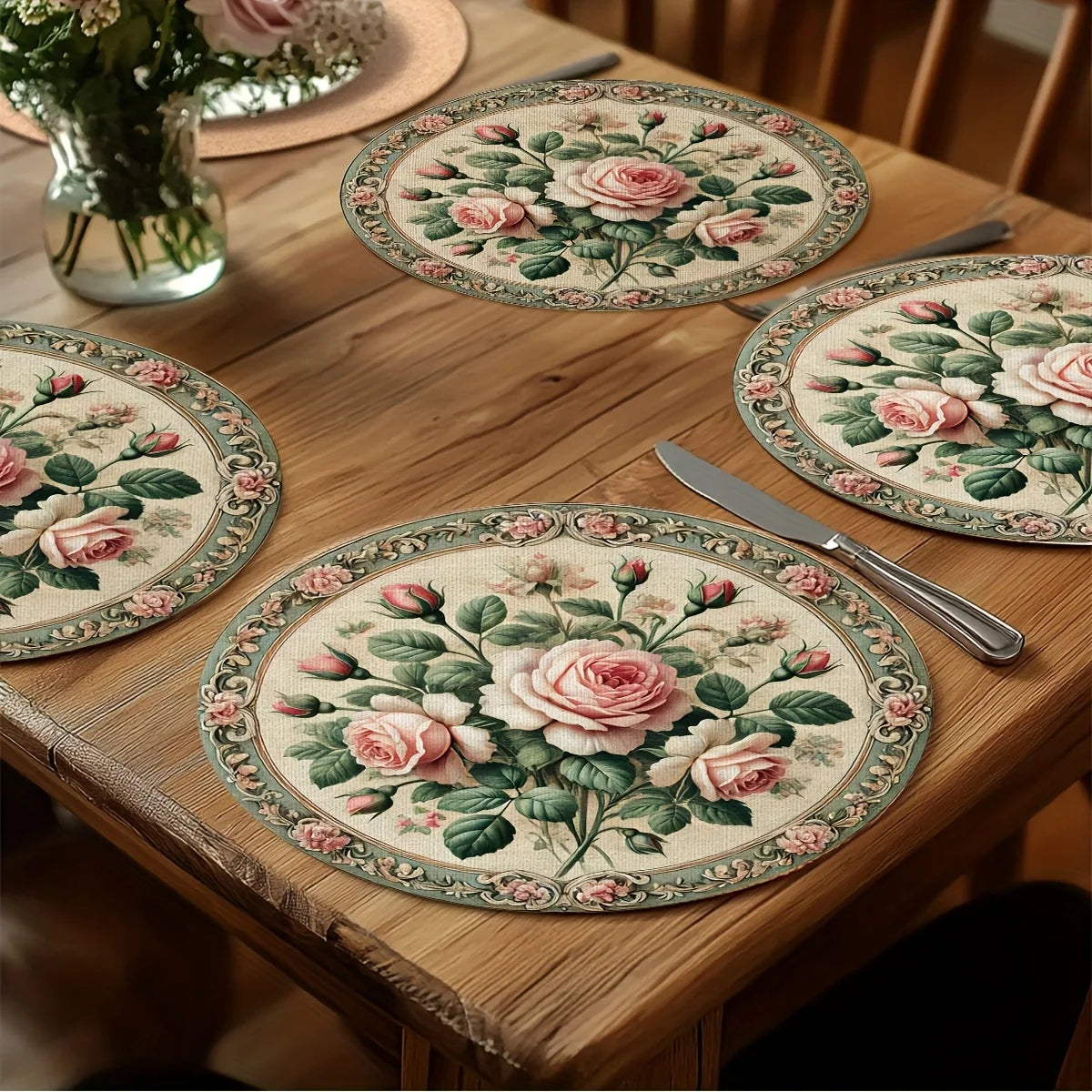 napperons floraux vintage lavables table rose vert feuilles motif classique pièces 38x38cm