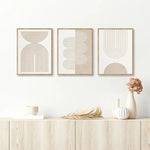 tableaux modernes abstraits toile minimaliste pièces géométriques arcs lignes parallèles beige blanc marronclair