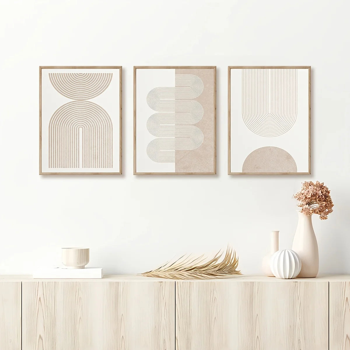 tableaux modernes abstraits toile minimaliste pièces géométriques arcs lignes parallèles beige blanc marronclair