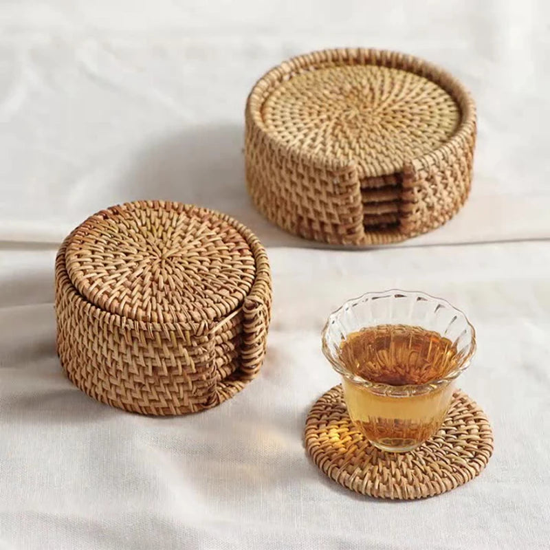 coasters tissés raphia naturel rustique ensemble six accessoires cuisine thé