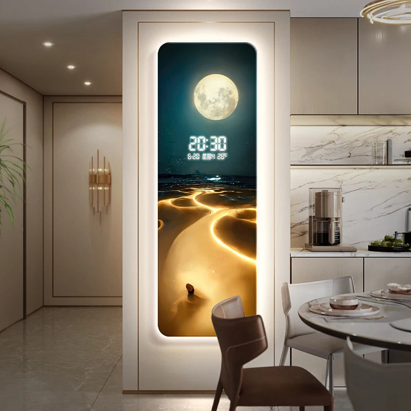 horloge murale moderne plage lune blanc beige bleu doré numerique