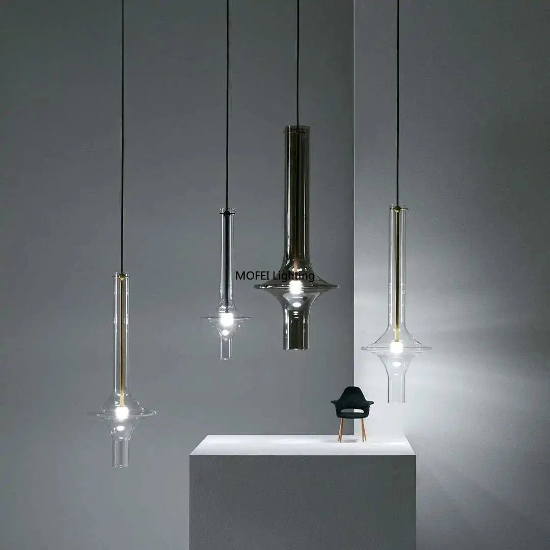 suspension lumineuse transparent moderne câble suspendu salon chambre contemporaine lumière blanche neutre dorée