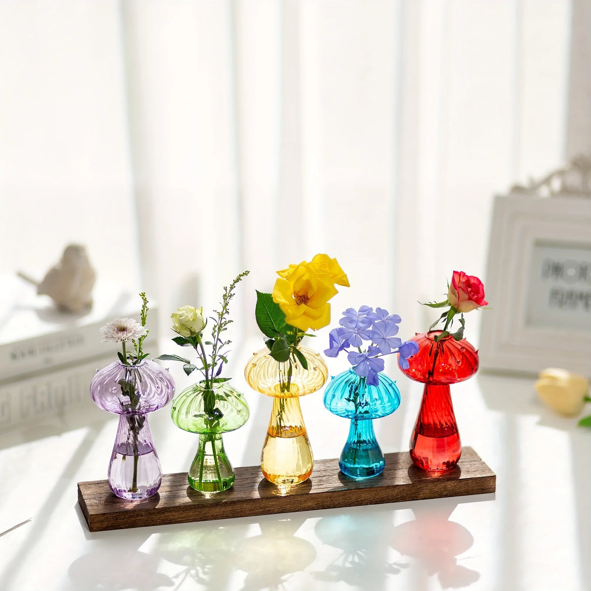 vase champignons verre transparent violet vert jaune bleu rouge moderne decoratif plantes d'été hydroponique