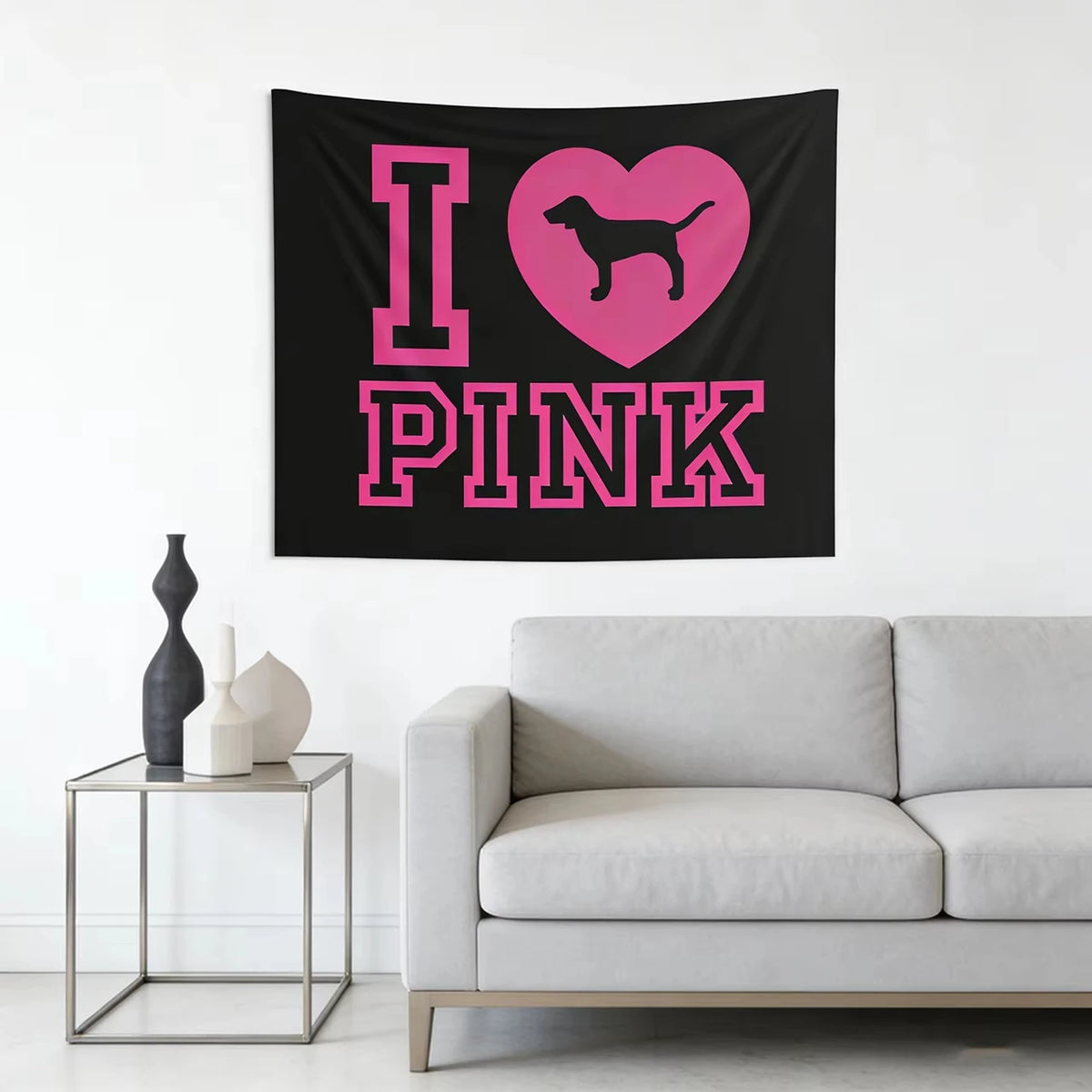 tapisserie murale graphique moderne noir rose coeurs chiens pink tissu polyestère imprimémodifiable