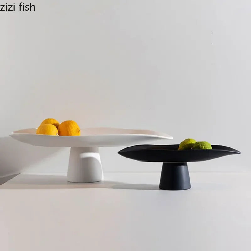 support fruits céramique blanc noir moderne assiette dessert gâteaux collations rangement plateau lisse