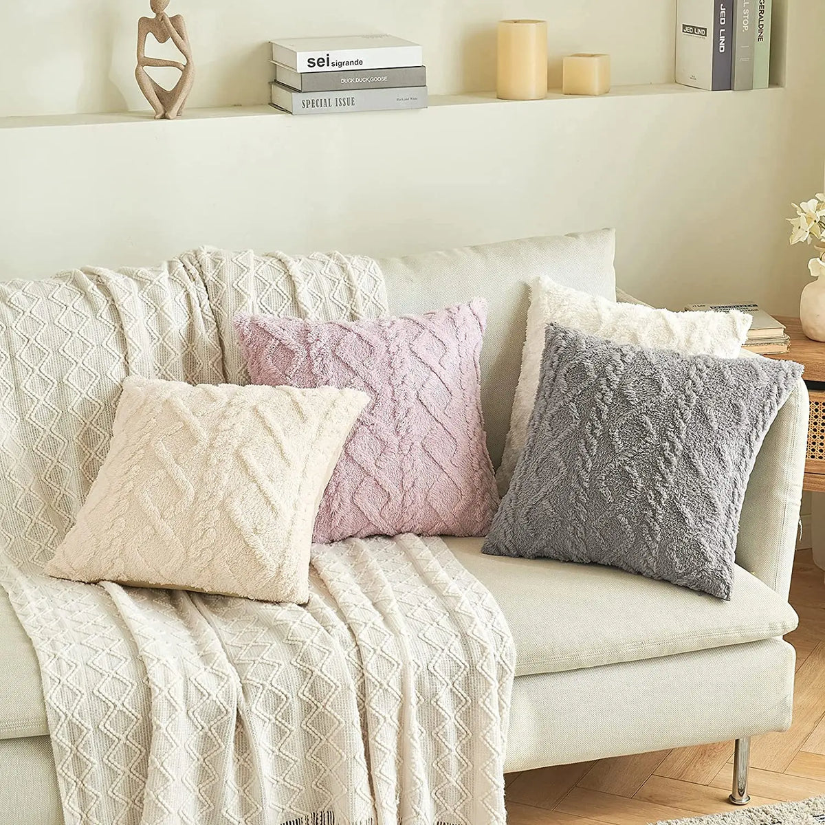 housse coussin carré motif géométrique beige rose gris adhésif salon chambre voiture simple déco