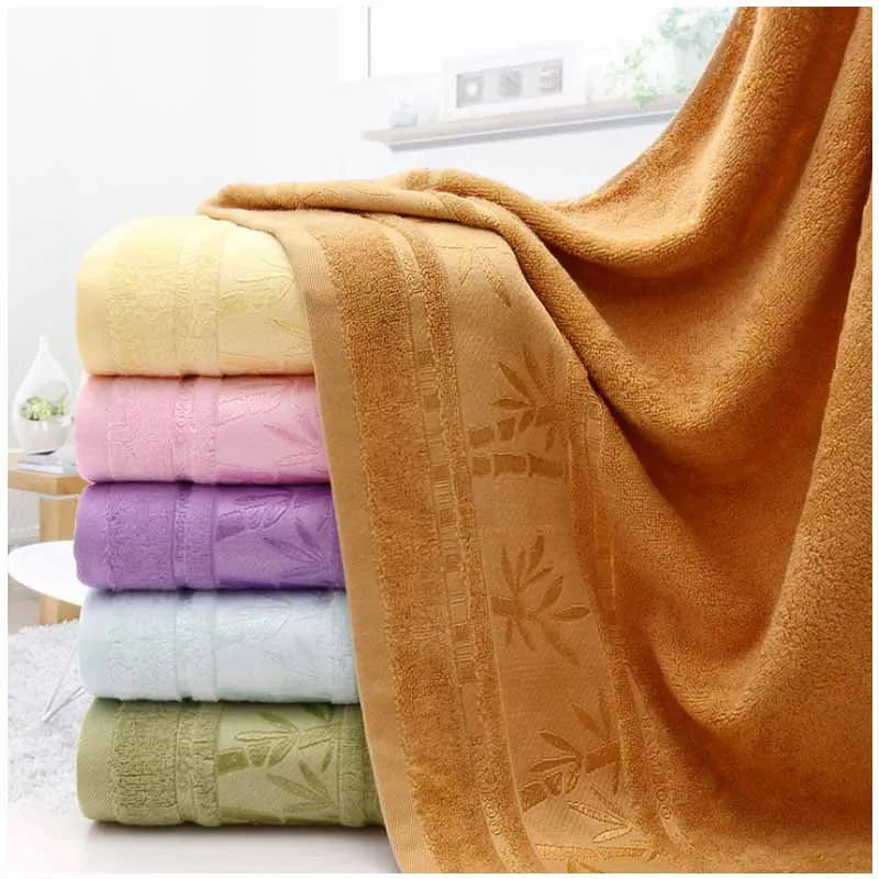 serviettes bain bambou motif feuilles violet jaune rose vert bleu marron opaques classiques 70x140cm