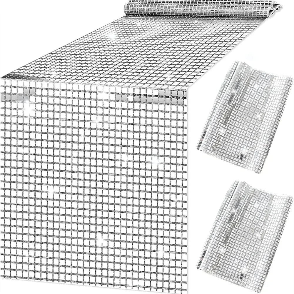 nappe deco festive paillette metallique transparente 120x33cm argentees motifs carres