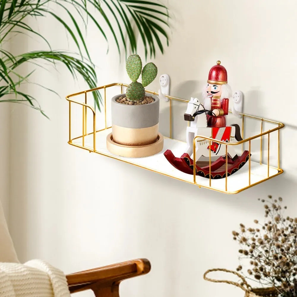 étagère murale adhésive or marbre moderne panneau verre métal cosmétique minimaliste