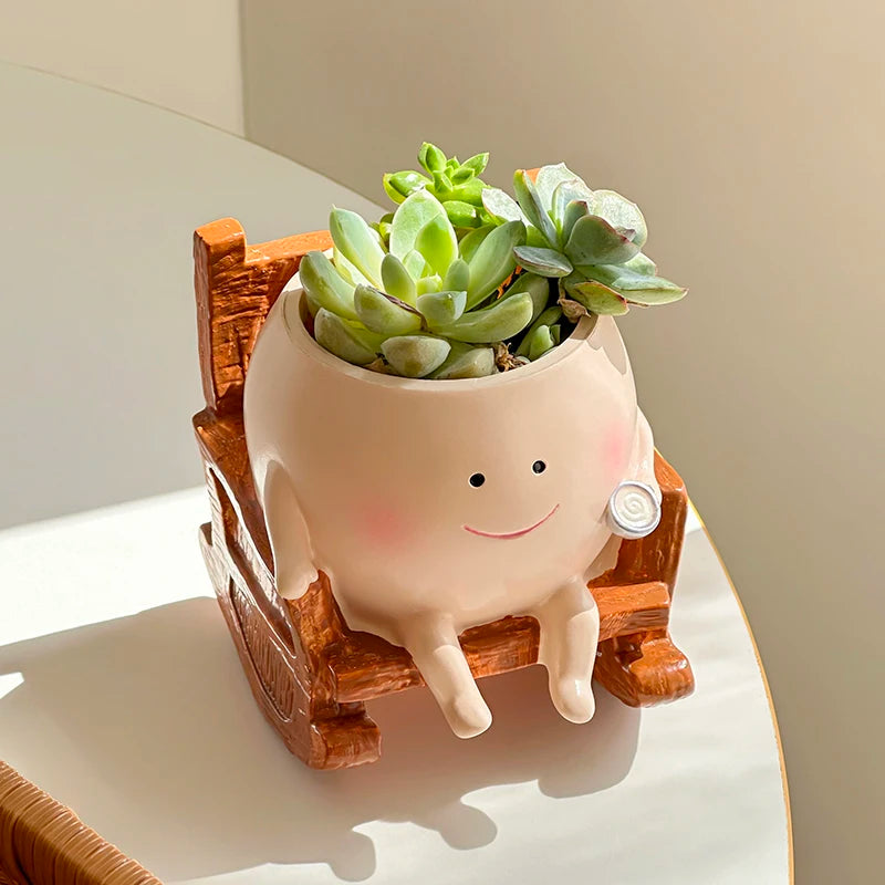 pot fleurs résine forme chaise bascule plante succulente motif souriant mignon décoration maison
