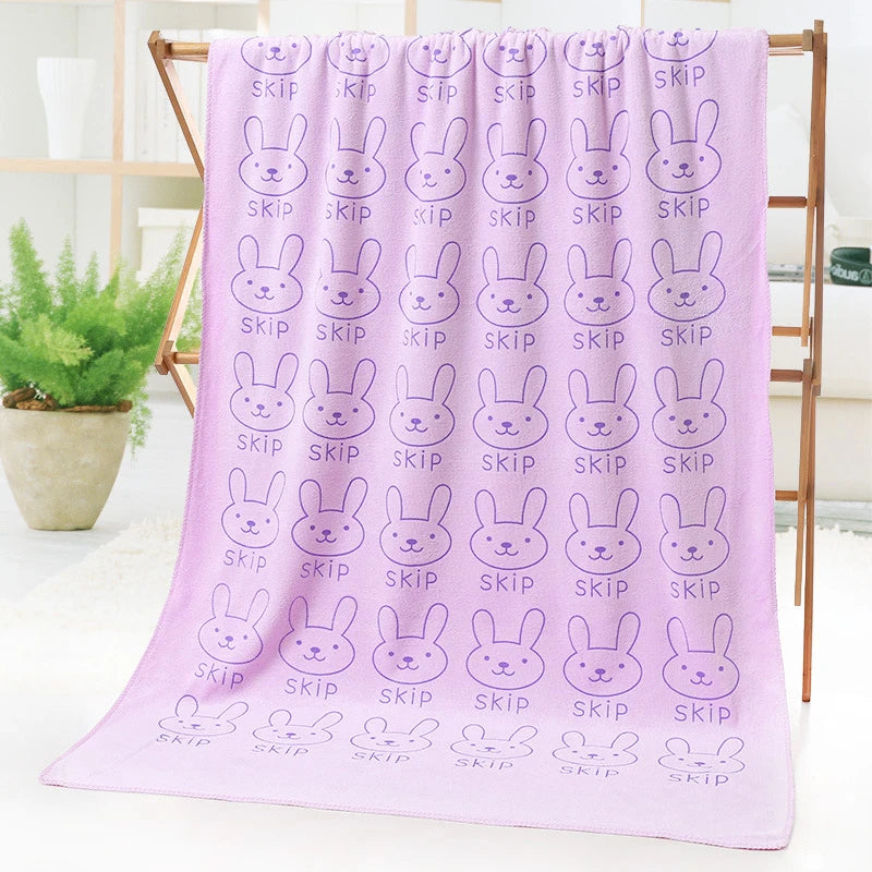 serviette bain polyester rapide motif lapins mignons couleurs violet rose vert bleu doux moderne