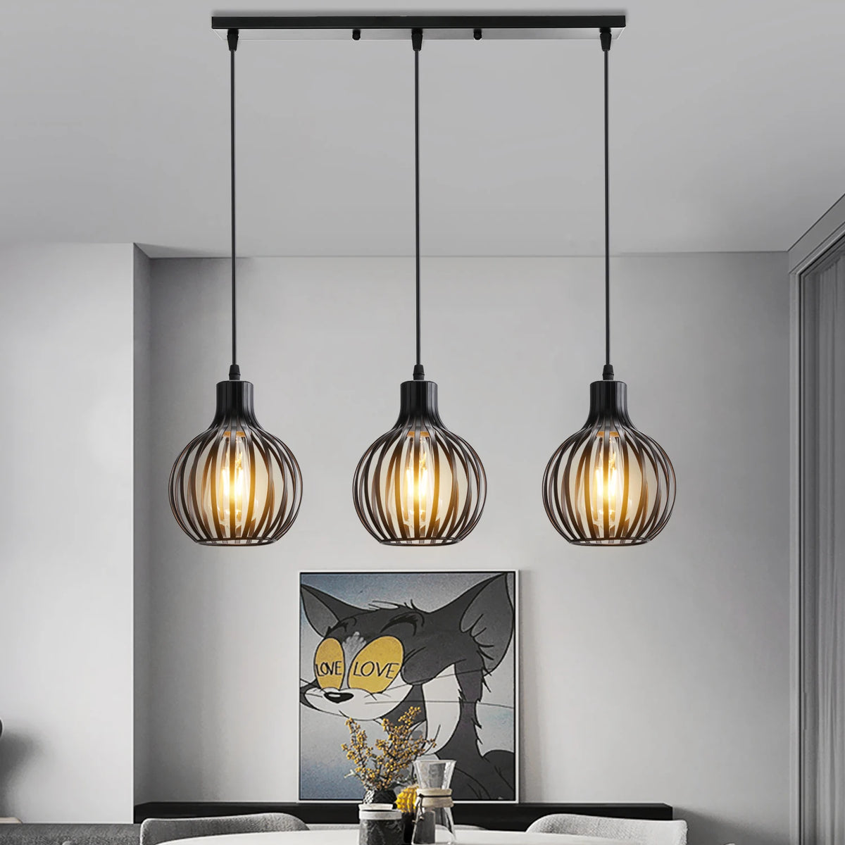 Suspension lumineuse industrielle moderne métal noir blanc abat jour rond grillagé