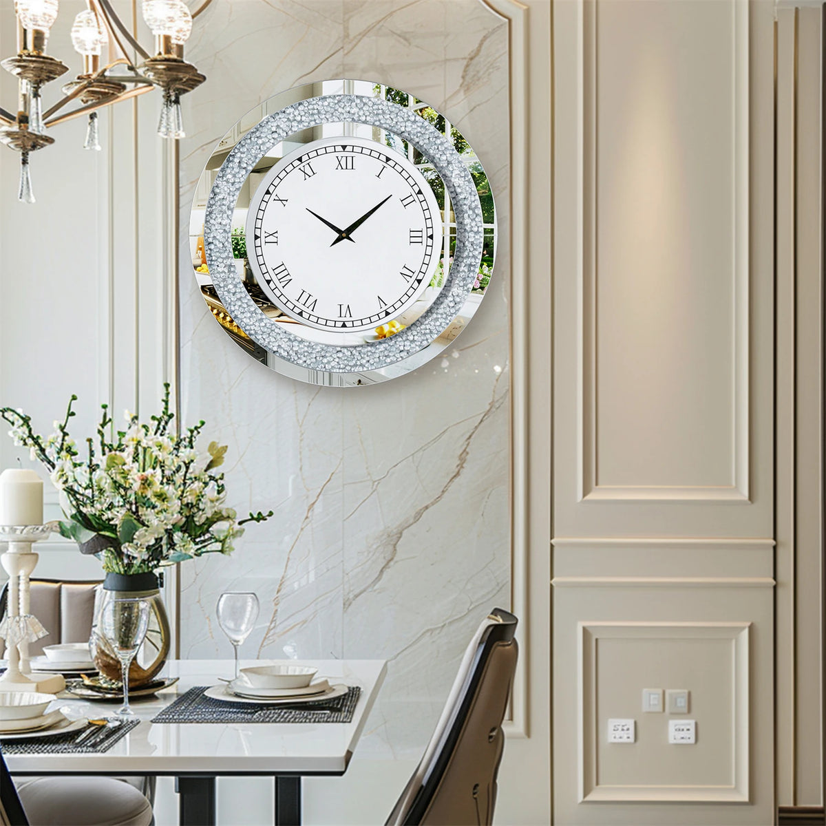 horloge murale moderne or strass 80cm quartz aiguille miroir salon