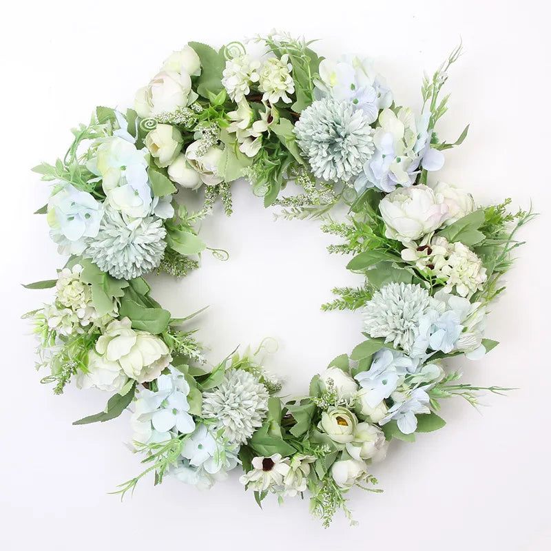 décoration murale couronne florale artificielle rose clair blanc vert rustique