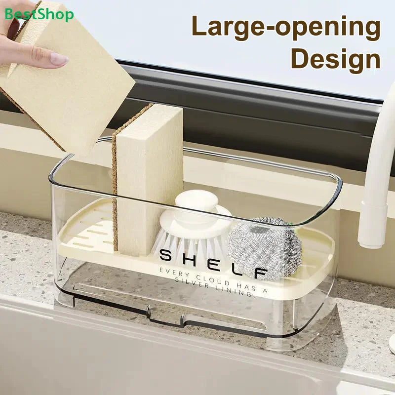 rangement évier transparent moderne éponge savon nettoyage étagère drainante minimaliste