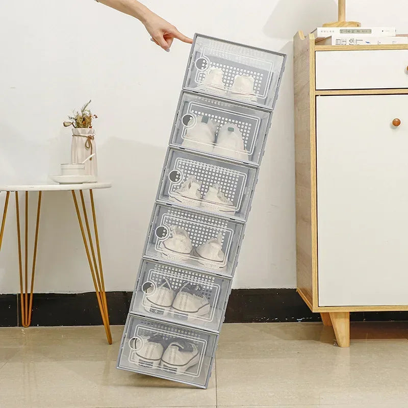 boîtes chaussures transparentes perforées moderne poignées respectueuses l'environnement gris clair