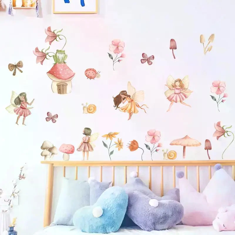 sticker mural decoratif feerie enfantine pastel fees maisonnette champignon fleurs papillons