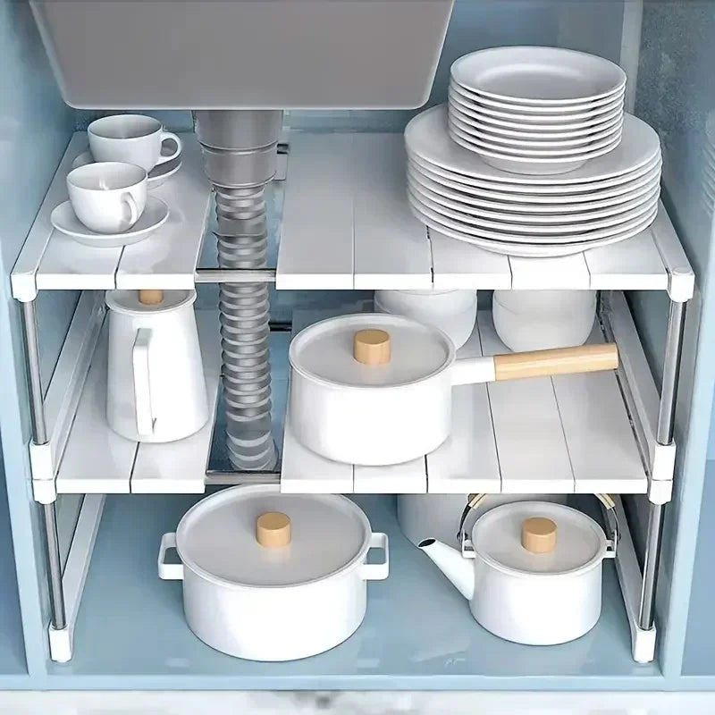étagère cuisine modulable blanc pieds métalliques moderne assiettes rangement facile nettoyer multifonctionnelle robuste durable