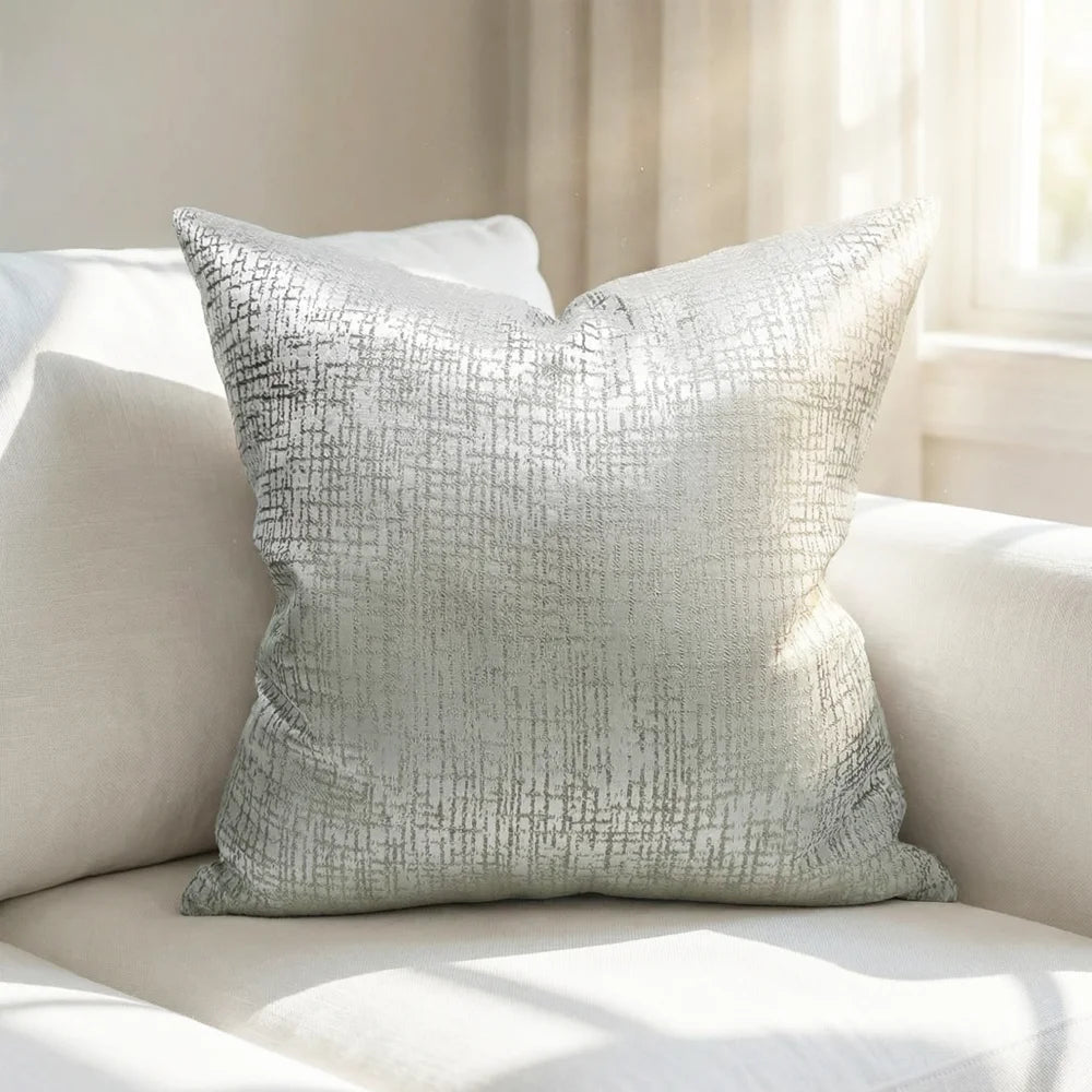 coussin carré jacquard géométrique contemporain beige gris bleu doré polyester 45x45cm
