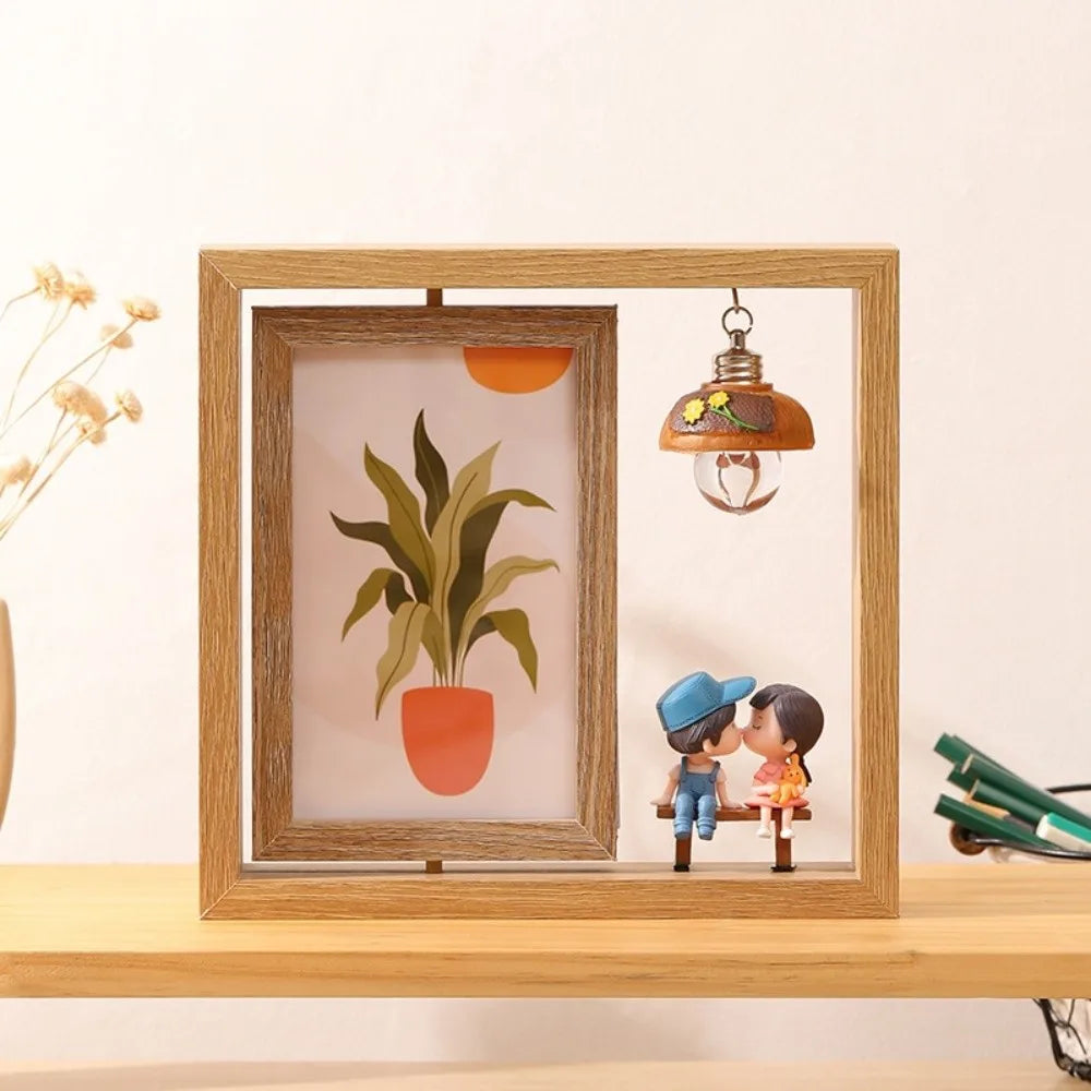 cadre photo double face bois marron rustique suspendu élément décoratif petite lampe cœur bois