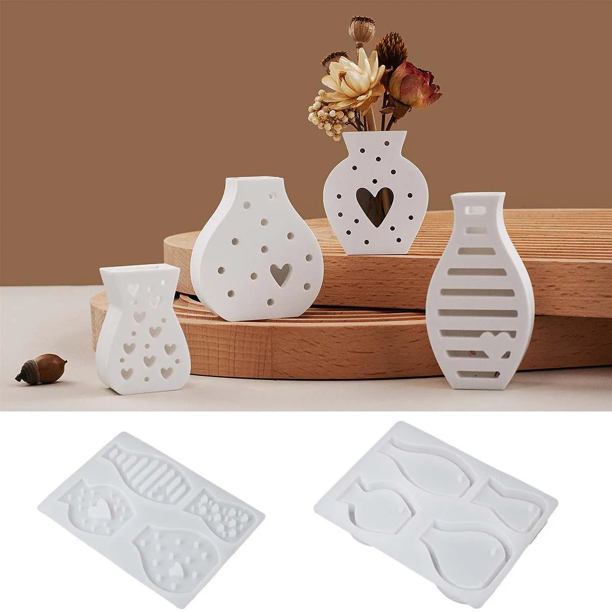 vases blancs motifs coeurs points ligne horizontale moderne minimaliste intérieur decoration fleurs séchées