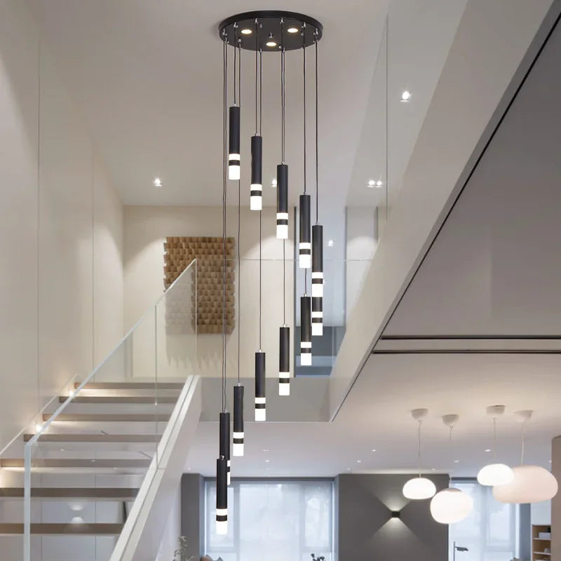 lustre suspension moderne cristal noir escalier salon lampe métal luxe