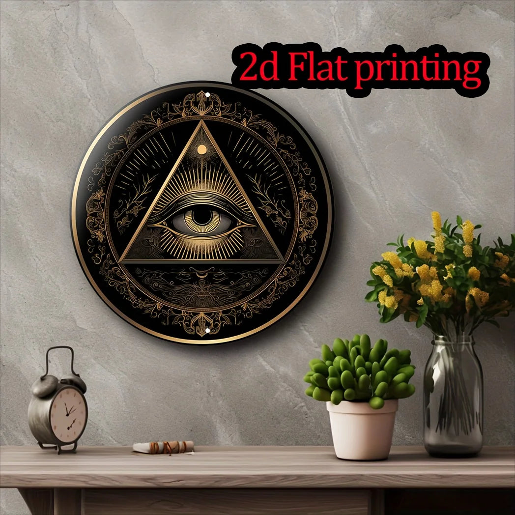 plaque murale art déco oeil tout voyant noir doré triangle floral 20cm 20cm