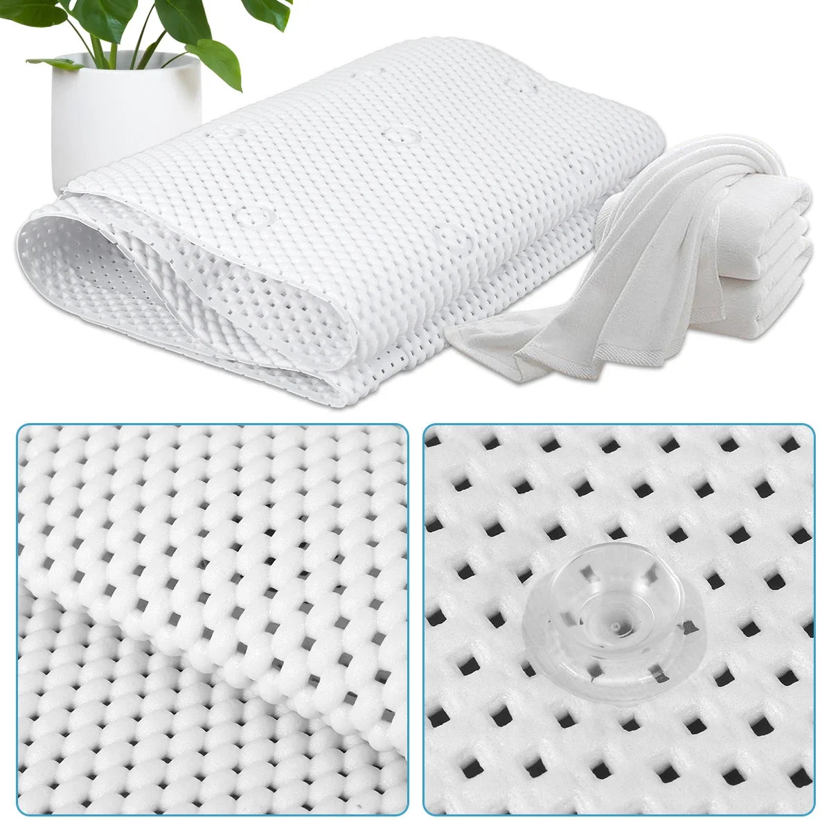tapis bain blanc anti dérapant coussin tête ventouses alvéoles moderne sécurité salle bain