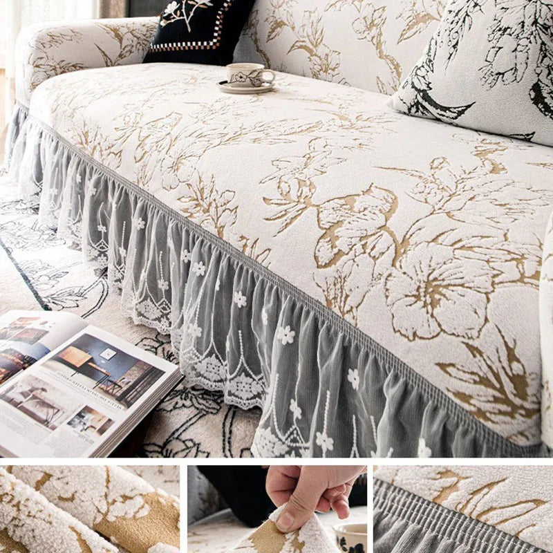 Housse canapé polaire fleurs dentelle beige vert clair classique entretien facile machine autoadaptative