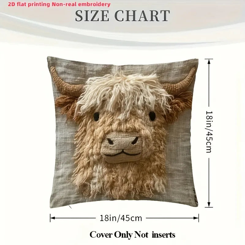 coussin imprimé 3d vache highlands moderne beige marron clair tissu polyester peacheskin décoration maison