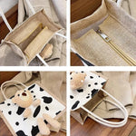 sac main toile vache motif moderne ours peluche poignées corde blanc noir tendance portable