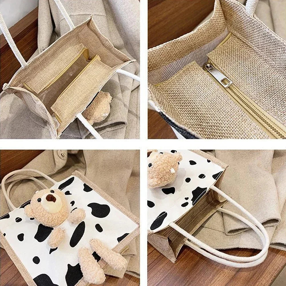 sac main toile vache motif moderne ours peluche poignées corde blanc noir tendance portable