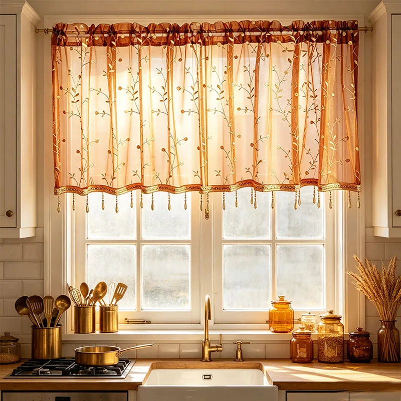 rideau semi transparent polyester brodé floral doré orange clair classique 130cm 60cm