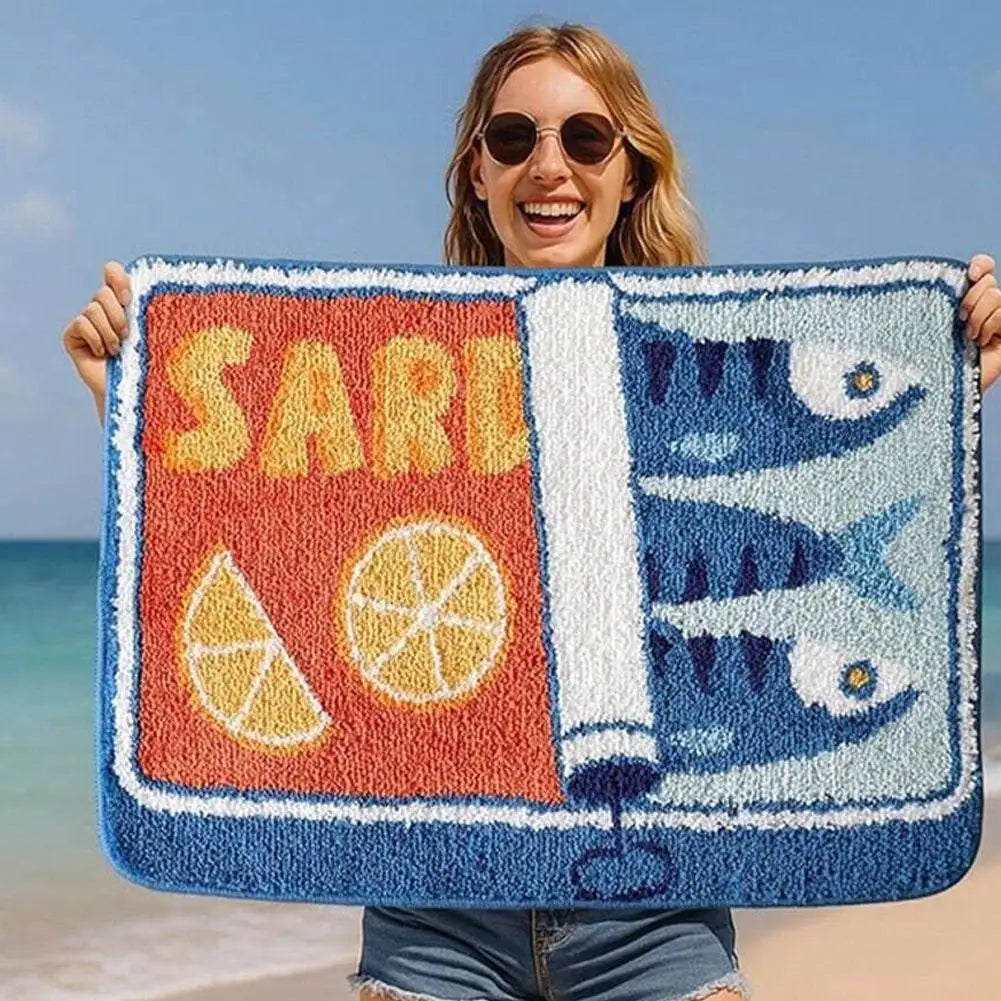 tapis sol motif sardines animaux bleu orange moderne antidérapant coton pop art chambre cuisine