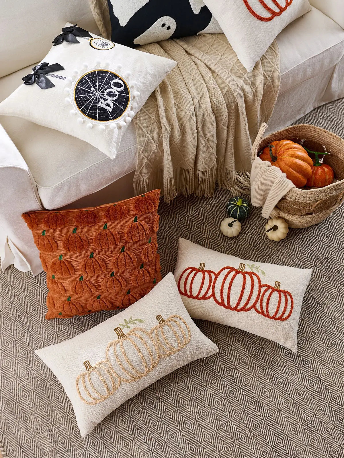 housse coussin halloween fantôme citrouille araignée orange décoration maison canapé chaise voiture polyester jacquard