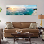 paysage marin coucher soleil impression toile coton moderne rectangle vertical plage bleue ciel orangé