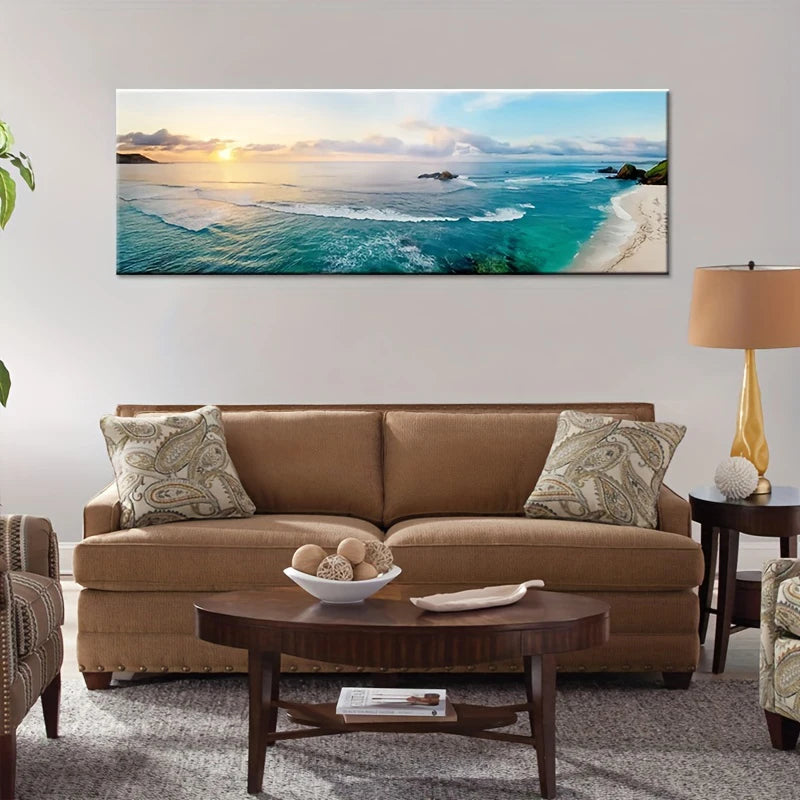 paysage marin coucher soleil impression toile coton moderne rectangle vertical plage bleue ciel orangé