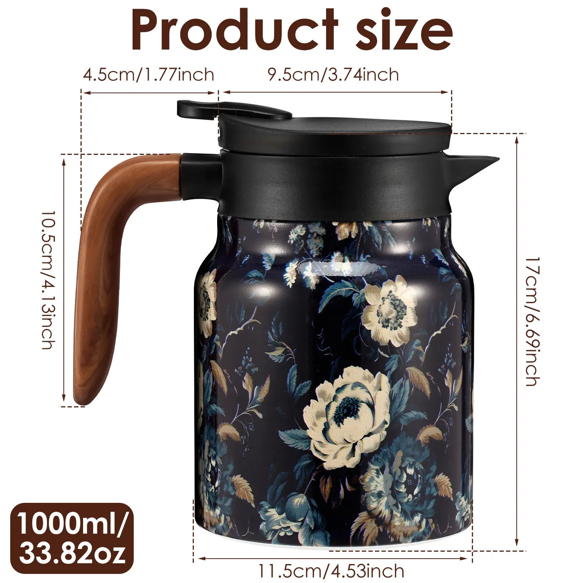 théière thermique acier inoxydable fleurs vintage poignée bois tasse assiette plateau